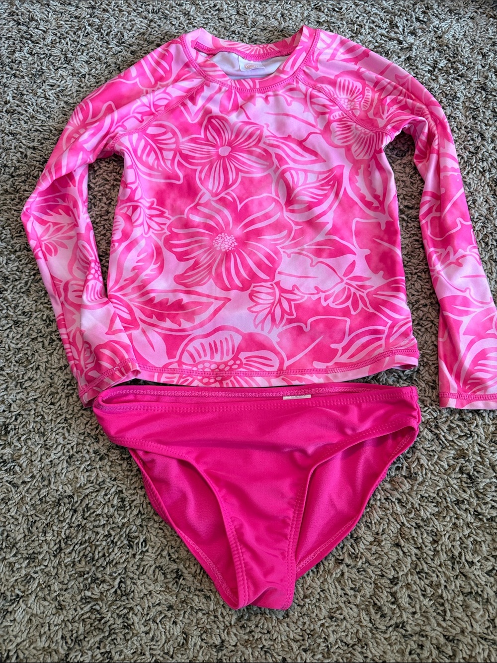 wonder nation Hot Pink Floral Long-Sleeve Rashguard Swim Set
